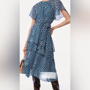 Green & White dotted raglan Sleeve Tie Waist tiered chiffon look dress size smal